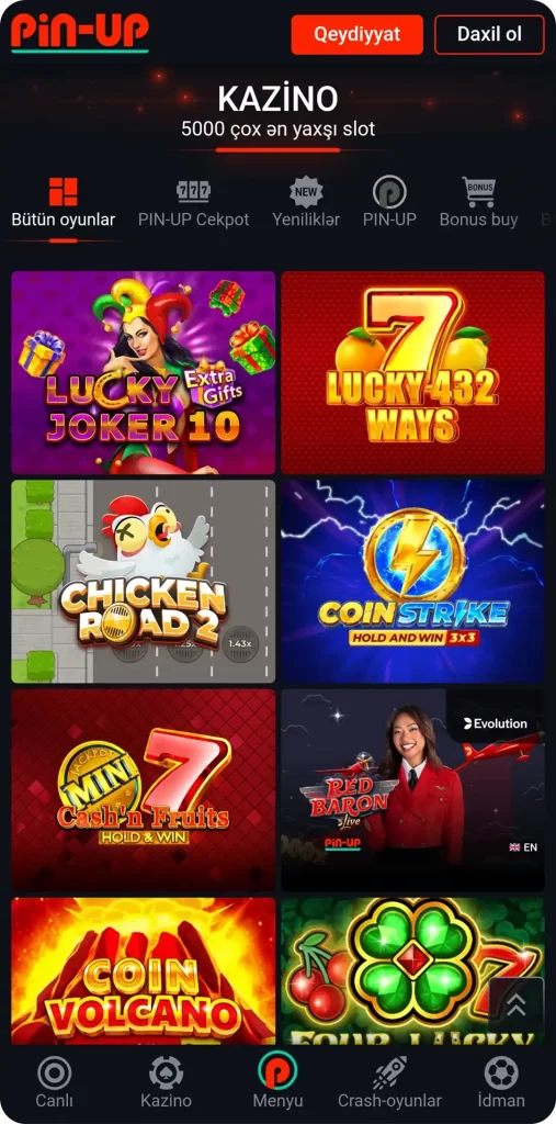 Pin Up tətbiqindəki slotlar